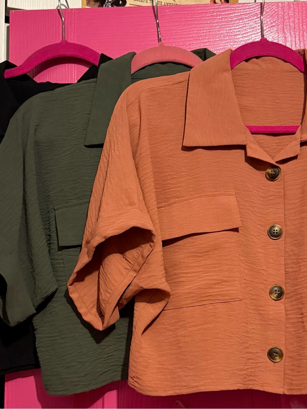 3 Cropped Button-Front Shirts in Rust, Green & Black SIZE SMALL BUT RUNS BIG